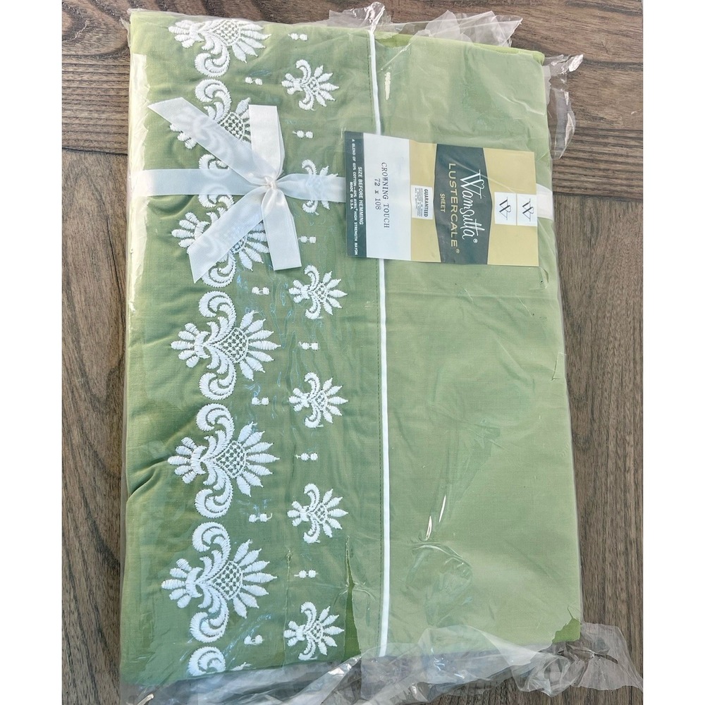 Wamsutta Lustercale Crowning Touch Green Embroidered Twin Flat Sheet Old Stock